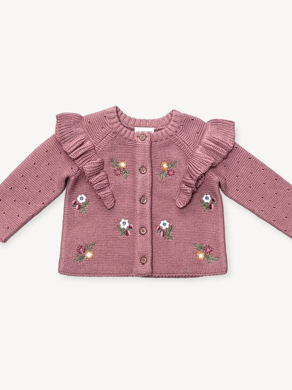NEW VIVERANO ORGANICS girl's floral ruffle chunky knit cardigan in vintage rose